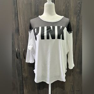 PINK  black and white fishnet neck line shirt